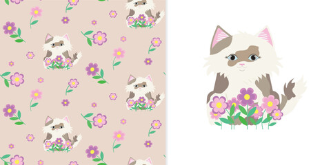 Children set seamless pattern and greeting card, background, wallpaper with fluffy kawaii cat  and flowers. © Olena