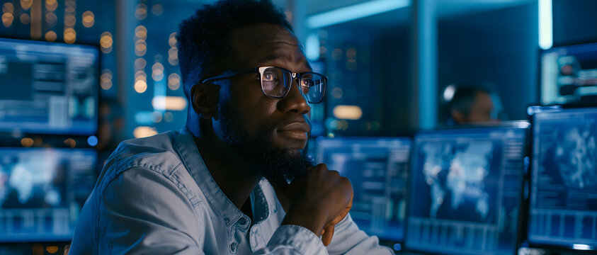 Man wearing glasses in a control room with multiple computer screens illuminated by blue light african descent adult analysis blue toned business