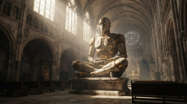 A giant stone and brass android statue meditating inside an ancient marble cathedral. Soft morning sunbeams through high windows, dust motes in the air.