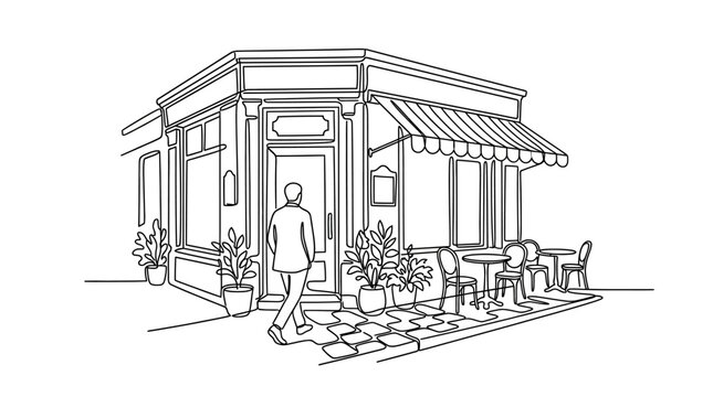 Line art illustration of a cozy street cafe with a customer entering.
