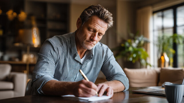 oler Man diligently writes notes at wooden table in cozy living room, surrounded by plants and soft lighting, focus and concentration, writing plan  on the note paper  