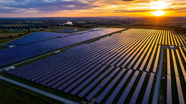 Aerial view of solar panel farm generating renewable energy at sunset in countryside landscape