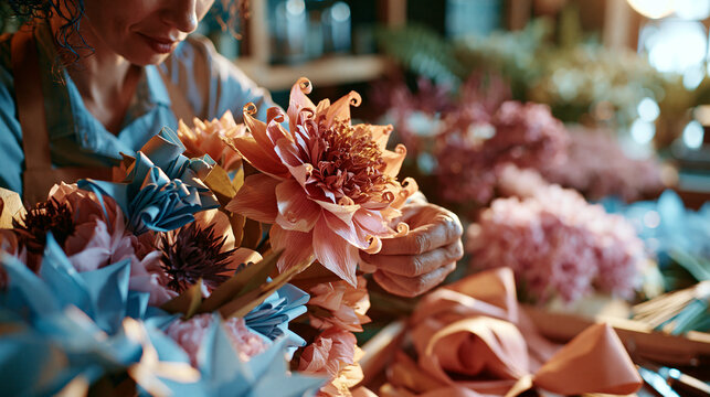 Paper-crafted florist arranging fresh bouquets in a flower shop with layered blossoms and curled paper petals, soft natural handmade papercraft scene