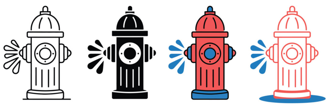 fire hydrant icons, silhouette water hydrant symbols for firefighting equipment, emergency protection signage, clean modern vector illustration for safety systems, industrial design, warning labels