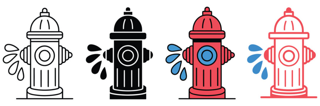 fire hydrant icons, silhouette water hydrant symbols for firefighting equipment, emergency protection signage, clean modern vector illustration for safety systems, industrial design, warning labels