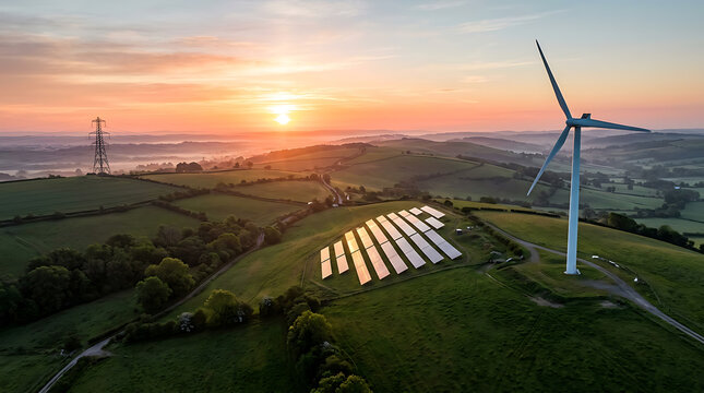Aerial View of Wind Turbine and Solar Panels in Green Countryside at Beautiful Sunrise