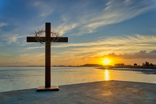 Crown of Thorns on Cross of Salvation Sunset