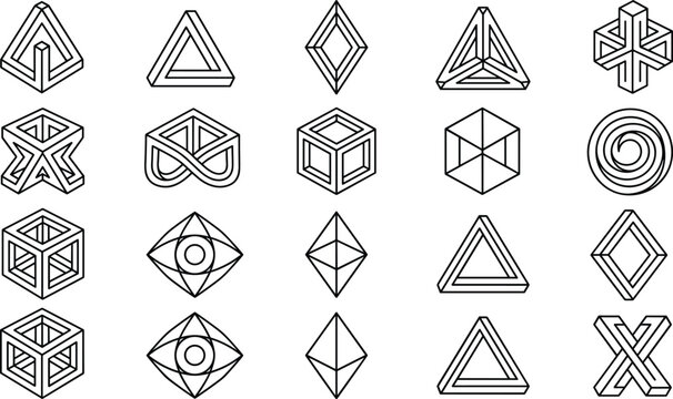 Impossible Shapes and Sacred Geometry Vector Icon Set with Penrose Triangle, Paradox Cubes, and Optical Illusion Objects for Sci-Fi and Logo Designs