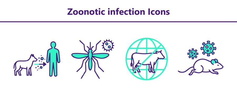 Zoonotic disease vector icons showcasing animal to human transmission paths alongside mosquito parasite globe cow symbol and infected rodent