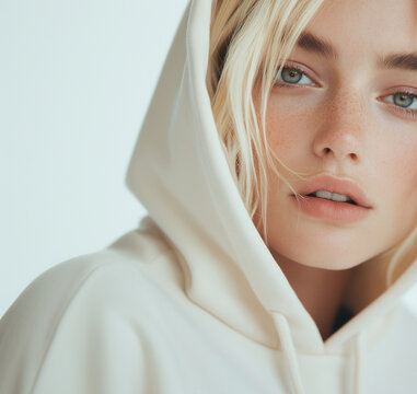 Young woman with blonde hair and freckles wears light colored hoodie, gazing directly at camera with soft. Her eyes are striking and convey sense of calmness