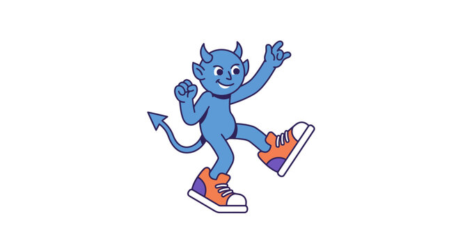 Blue cartoon devil character dancing in orange sneakers.