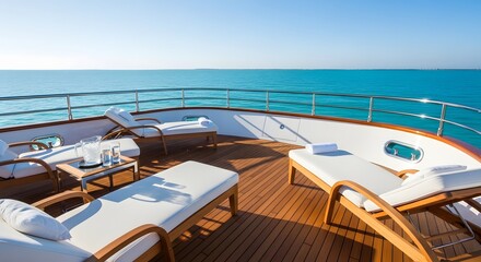 Fototapeta premium Luxury yacht deck with wooden floor and comfortable lounge chairs overlooking blue sea.