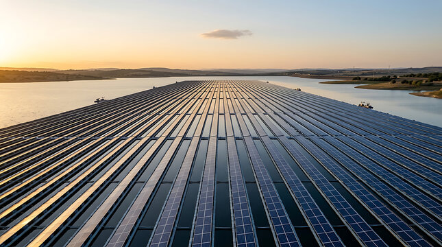 Floating solar power plant panels on lake water surface at sunset for sustainable energy