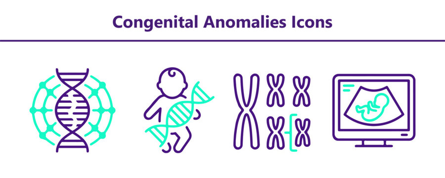 Congenital anomalies icons showcasing dna helix structure alongside infant baby genetic defect chromosome mutation and fetus ultrasound screen