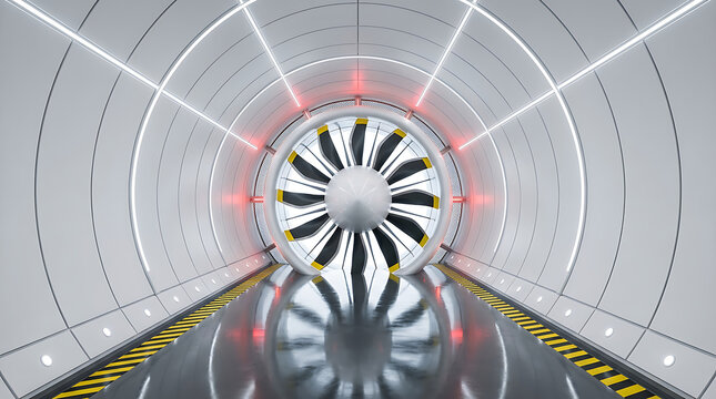 Futuristic jet engine turbine inside a modern illuminated tunnel with reflective floor