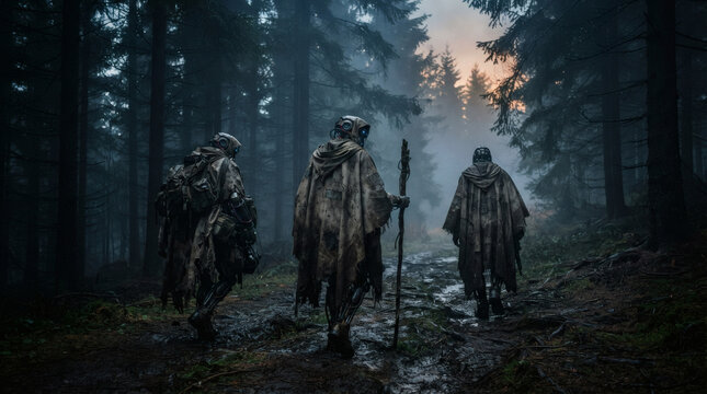 Three rogue synths in dirty canvas cloaks walking through a foggy pine forest at dusk. Cold atmospheric mist, wet ground, dramatic lighting, intense escape mood. 3 figures