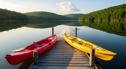 Fototapeta premium Two kayaks red and yellow moored to wooden pier on peaceful lake surrounded by green hills.
