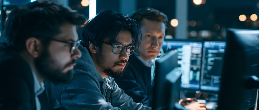 Three male it professionals intently focused on computer screens in a dimly lit office setting analyst cybersecurity data darkness digital
