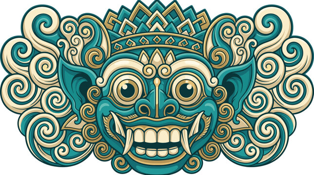 Intricate green and gold Balinese mask illustration.
