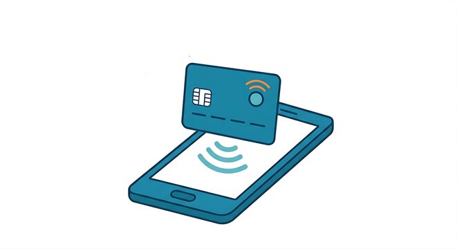  Minimalist smartphone with a credit card floating above screen, mobile payment and contactless fintech concept, flat 2D vector illustration