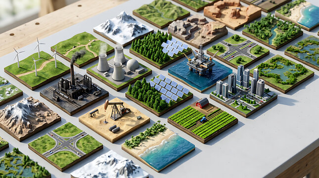 Miniature Diorama Tiles Representing Diverse Global Landscapes and Industrial Energy Sources