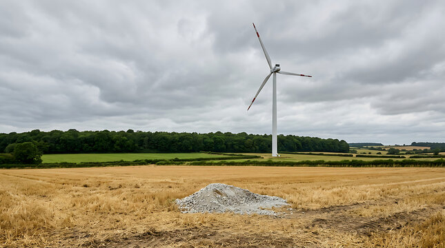 Modern wind turbine in golden harvested field under cloudy sky for green energy concept