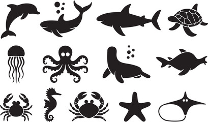 Fototapeta premium Set of marine life silhouettes for aquatic projects
