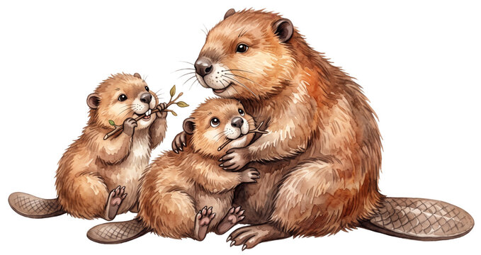 watercolor illustration of a beaver mother with two kits holding sticks isolated on transparent background