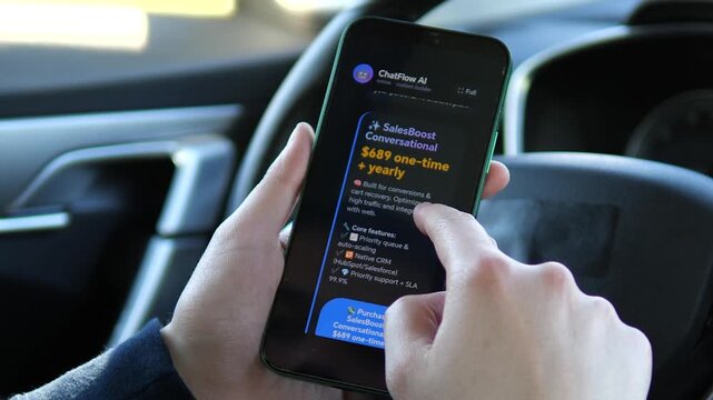 User reviewing a 689 dollars one-time and yearly AI chatbot plan. The screen highlights premium features and native CRM integrations. Ideal for SaaS sales, commercial offers, and software purchasing