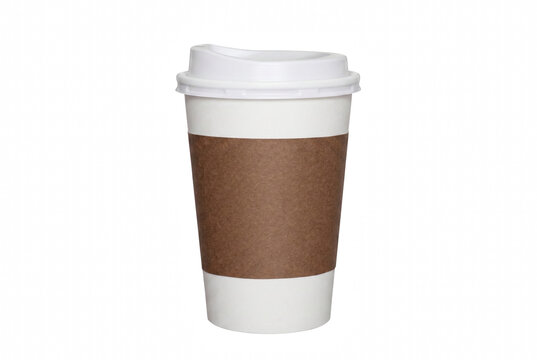 White disposable coffee cup with brown cardboard sleeve and white plastic lid