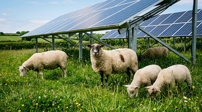 Sheep grazing in a green meadow beneath modern solar panels for sustainable energy production
