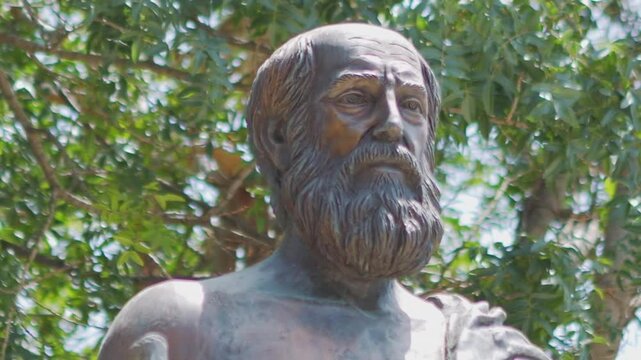 A statue of Hippocrates surrounded by trees in slow motion 60fps
