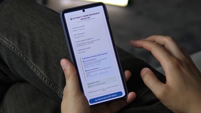 User viewing a verified official residence registry extract on a mobile device. Essential footage for stories on e-government adoption and digital civic administration.