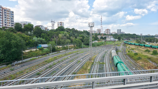 Freight trains on tracks at a rail station in Moldova