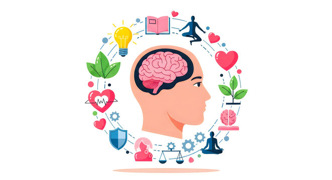 Human head with brain surrounded by various elements for good mental health.