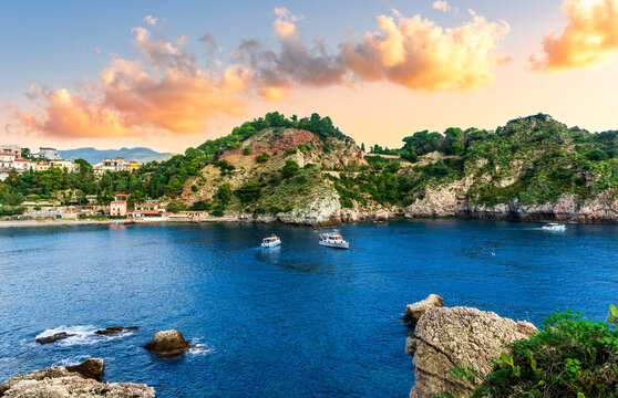 beautiful seascape of resort landscape on amazing sea coast with white baots green coasts and brisht sunset or sunrise cloudy sky of the colorful vacation summer landscape