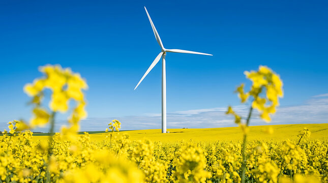 Wind turbine standing in a vibrant yellow rapeseed field under a bright clear blue sky