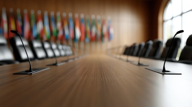 A long conference table with microphones stands before international flags. Ideal for diplomatic meeting or global.