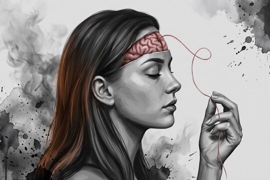 Woman Profile Red Brain Pulling String Mental Health Illustration