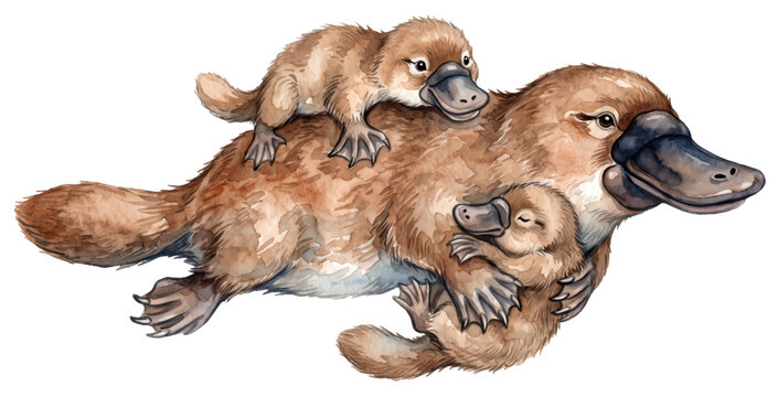 watercolor illustration of a platypus mother swimming with two puggles isolated on transparent background
