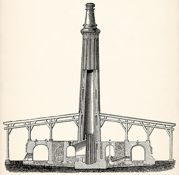 Early Hoffmann ring kiln vertical section for brick and clay goods production. Antique stylized illustration.