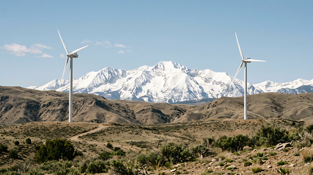 Wind turbines generating renewable energy in vast mountain landscape with snowy peaks