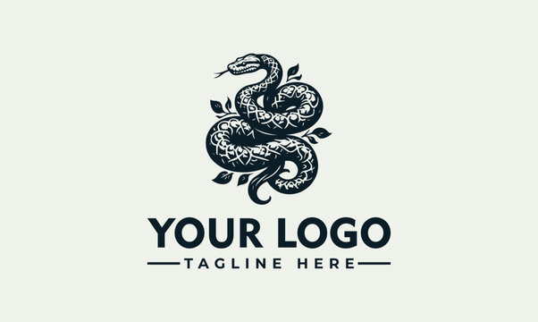 A large Reticulated python curled around a logo on a beige background