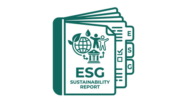 ESG sustainability report document with green icons on white background