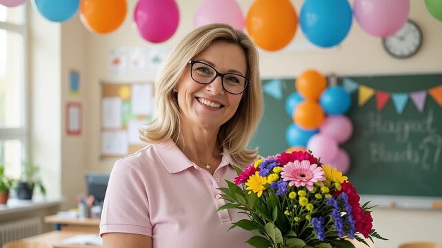 Smiling teacher holding a bouquet of flowers in a classroom