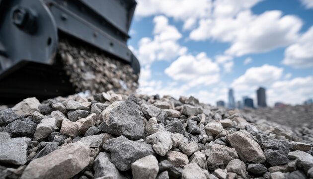 Industrial rock crusher machine moving gravel at a city construction site. Infrastructure development concept for.