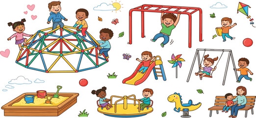 Happy children playing at playground park with slide swing and climbing dome vector © Mahan