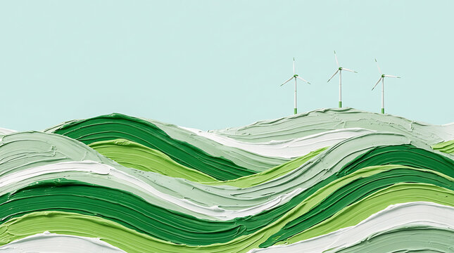 Wind turbines on abstract green oil paint landscape representing renewable energy concept