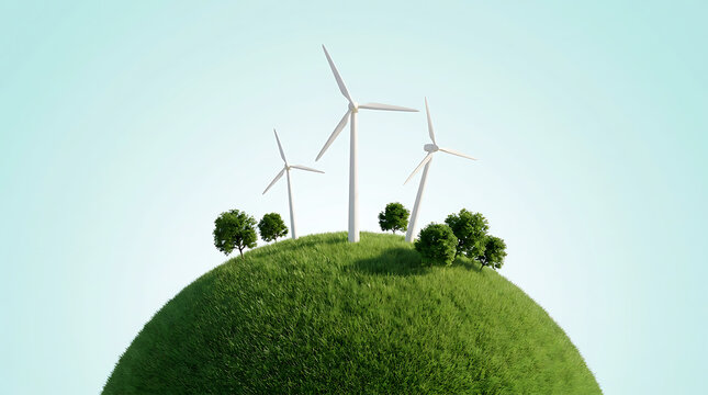 Wind turbines on a green grass planet representing sustainable renewable energy concept