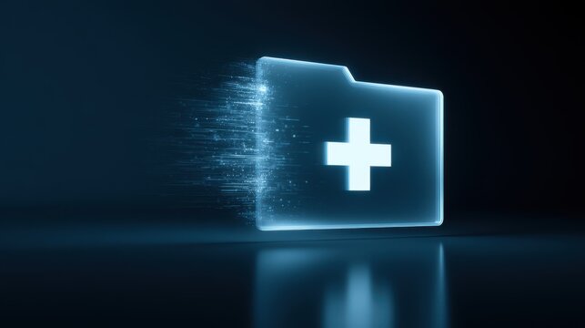 Digital medical health file glowing on dark background. Symbolizing electronic patient records and modern healthcare.